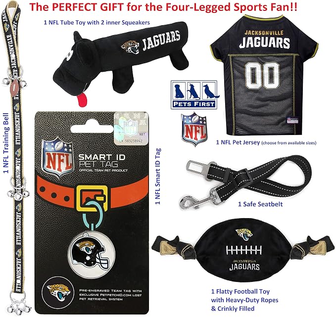 NFL Jacksonville Jaguars PET GIFT BOX with 2 Licensed DOG TOYS, 1 Logo-engraved NATURAL DOG TREAT, 1 NFL JERSEY, 1 NFL Puppy Training Bells & 1 Car Seatbelt