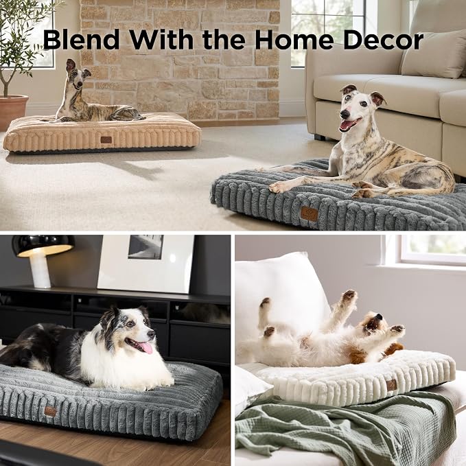 Bedsure ComfyFleece™ Fluffy Balanced Support Large Dog Bed for Crate,35x22 | Golden Ratio Chopped Foam & PP Cotton, Home Decor,Waterproof Liner, Removable Washable Cover, Nonslip Bottom,Sandy Beige