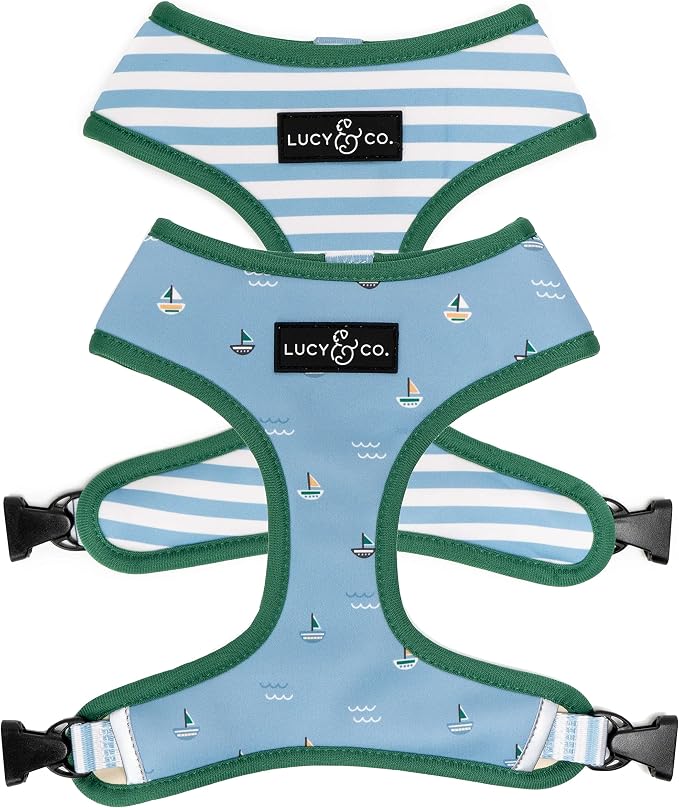 Lucy & Co. Reversible Dog Harness - Water-Repellent Neoprene, Dual-Print Design, Easy Swap Style, Adjustable Comfort Fit - Set Sail Reversible Harness - Medium