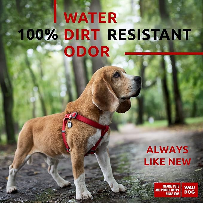 WAUDOG Waterproof Adjustable Dog Harness - Large, Medium, Small - Heavy Duty with Metal Clasp & QR Tag - Red (20-32in)