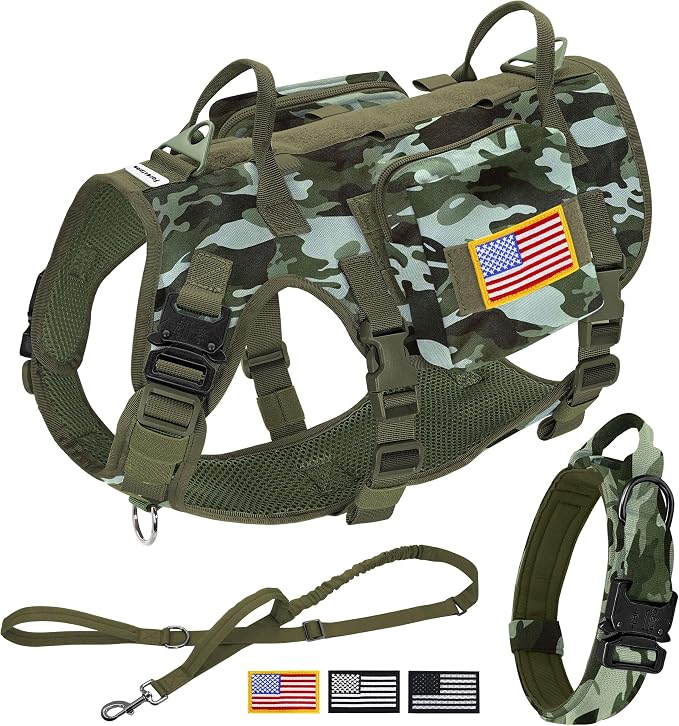 Forestpaw Tactical Dog Harness Tactical Dog Collar with Bungee Leash Set,No Pull Military Dog Harness for Walking Training,Adjustable for Medium Dogs,Camouflage Green,Chest 22-35"
