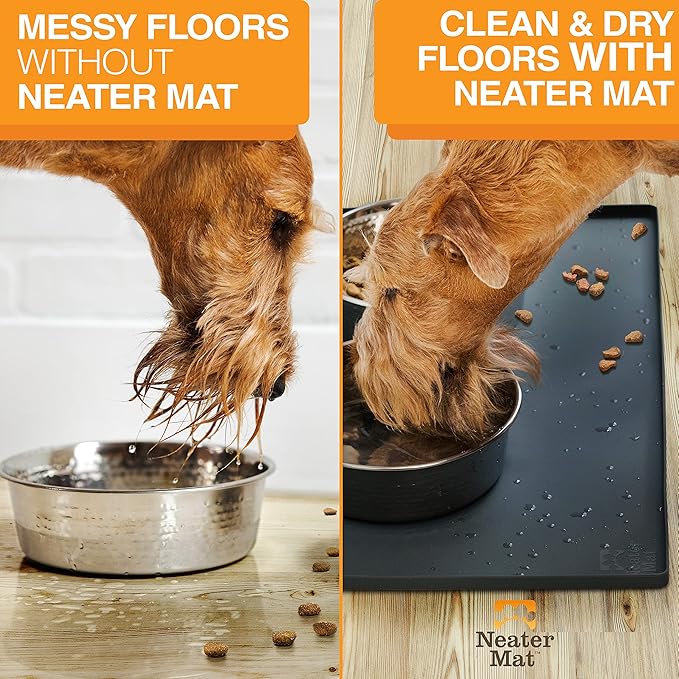 Neater Pet Brands Neater Mat Pet Mats for Food and Water, Cat & Dog Bowl Mat Waterproof Silicone, Feeding Tray, Dog Food Mats for Floors, Placemat w/Raised Edge for Under Bowls, 24" x 16", Black