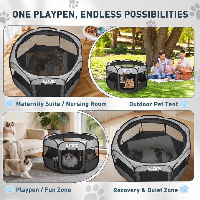 Portable Pet Playpen for Small Dogs & Cats, Foldable Puppy Safety Pen with Removable Zipper Top, Breathable Mesh Dog Delivery Room, Indoor Isolation Cage for Kittens/Rabbits (Light Grey, Small)