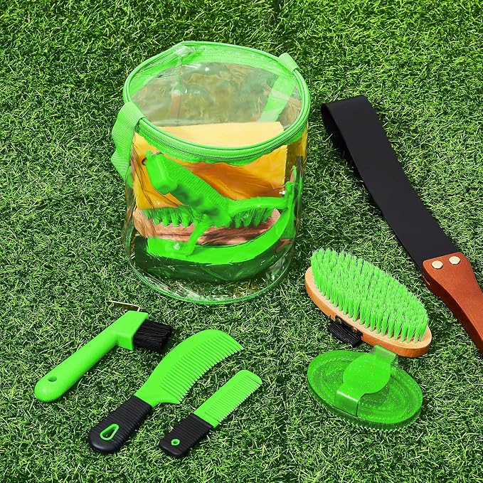 Cunhill 9 Pcs Horse Grooming Kit with Bag Curry Brushes,Cute,Green | Complete Grooming Set for Horses, Hard Soft Brushes, Hoof Pick, Sweat Scraper, Sponge, Comb, Portable Tote for Stable