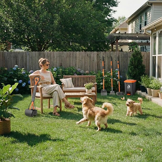 Pooper Scooper 6 Pack Set -INCL 15L Trash Can Outside, 20 Waste Bags, 38" Long Handle Dog Pooper Scooper Rake Tray Spade Set for Large Dog,OdorLock Step Can for no Touch Dog Poop for Grass/Gravel