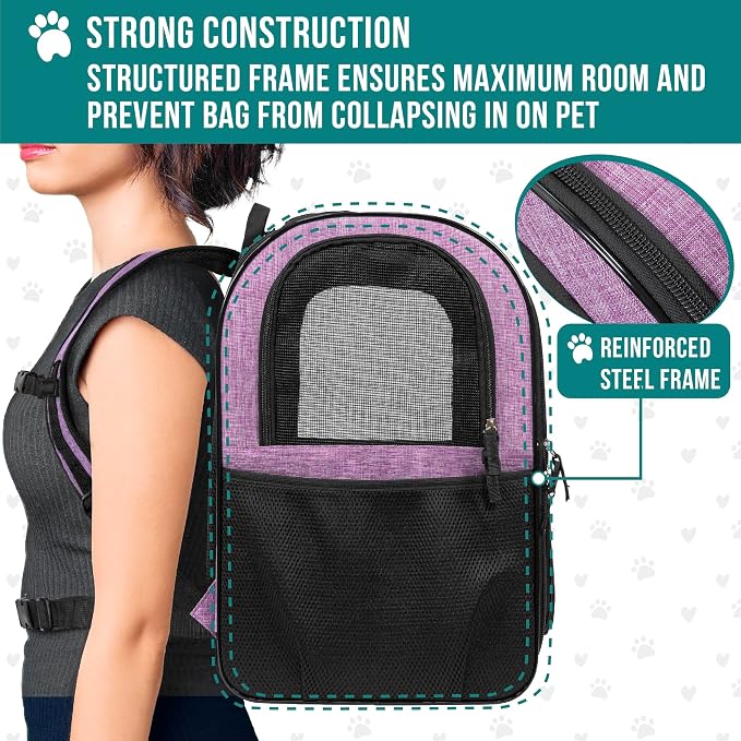 PetAmi Dog Backpack Carrier, 4-Way Entry Ventilated, 18 lbs, Purple | Sherpa Bed Included, Foldable Load-In Top, Safety Reflective Strap, Breathable Mesh, Poop Bag Dispenser, Padded Back Support