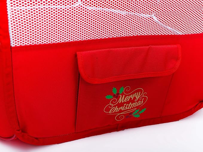 Pawer 36”×18.5” 8-Panel Foldable Pet Playpen, Red with Christmas Printing, Personalize Fabric Piece Available, for Cat/Dog/Puppy,600D Oxford Cloth Portable Indoor & Outdoor Kennel with Carry Bag