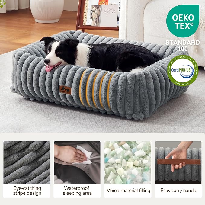 Dog Beds Large Sized Dog,Rectangle Orthopedic Pet Bed for Large Dog, Comfort Fluffy Memory Foam Dog Beds with Anti-Slip Bottom,Grey(35x25x9inchs)