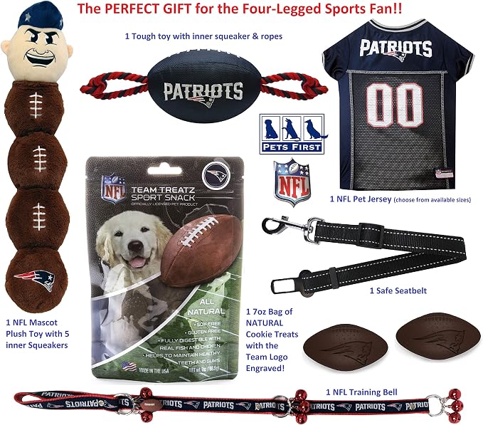 NFL New England Patriots PET GIFT BOX with 2 Licensed DOG TOYS, 1 Logo-engraved NATURAL DOG TREAT, 1 NFL JERSEY, 1 NFL Puppy Training Bells & 1 Car Seatbelt
