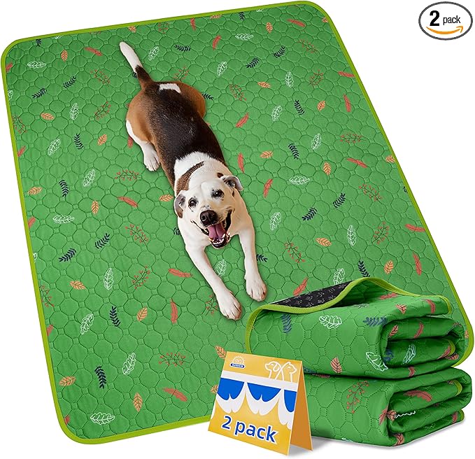 Sunheir Washable Pee Pads for Dogs 2-Pack Reusable Puppy Pads Pet Training Pads, Waterproof Dog Pee Pads for Crate, Whelping Pad, Non-Slip Protects Against Urine Leakage (Leaves - Green, 24x36)
