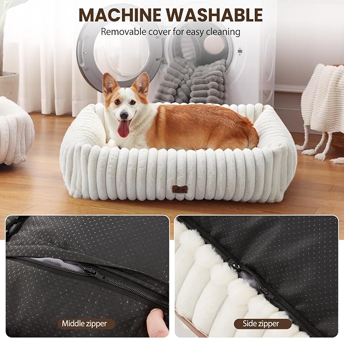 Dog Bed Medium Size Dog, Rectangle Orthopedic Pet Bed for Car and Indoor, Comfort Fluffy Memory Foam Dog Beds with Anti-Slip Bottom, Cream(30x24x8inchs)