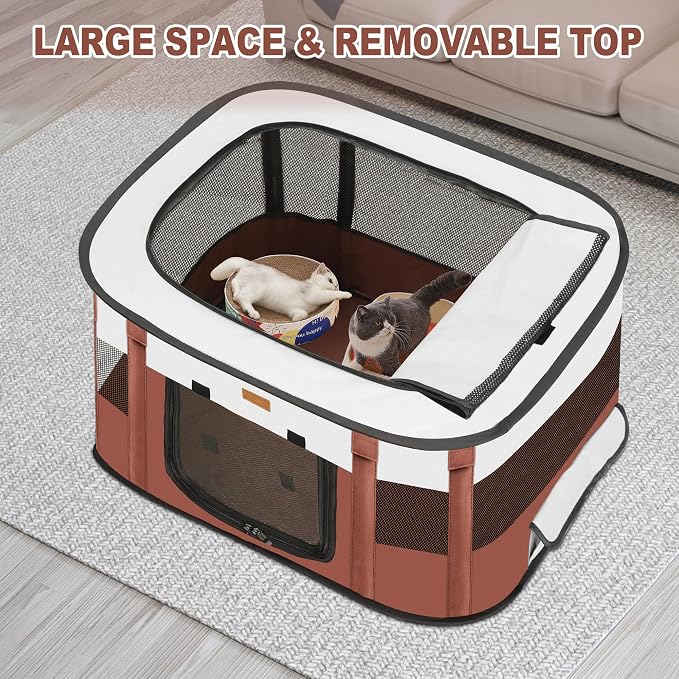 Dog Playpen - Foldable Cat Play Pens for Pubby, Kitten, Rabbit, Portable Pet Tent with Carring Bag for Indoor/Outdoor Travel Camping Brown X-Large
