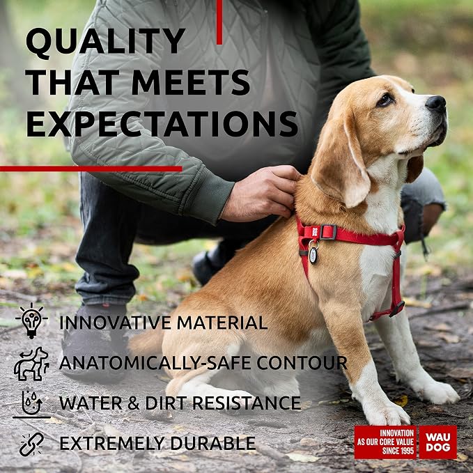 WAUDOG Waterproof Adjustable Dog Harness - Large, Medium, Small - Heavy Duty with Metal Clasp & QR Tag - Red (20-32in)