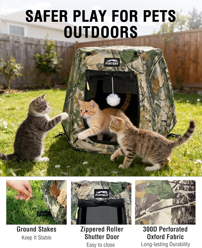 Portable Assembly-Free Cat Pop Up Tent, Ventilation Outdoor Indoor Cat House with Detachable Toy Ball, Sunshade Camping Pet Tent for Cats with Non-Slip Cushion Up to 15LB
