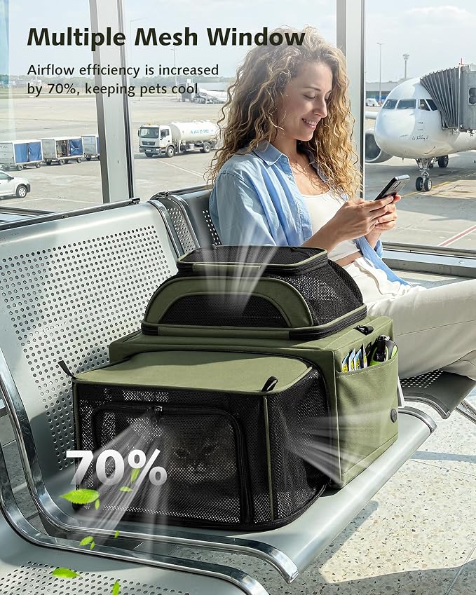 Pecute Top Expandable Airline Approved Pet Carrier for Cats, Dark Gray | Top side expandable, breathable scratch-resistant mesh, leakproof pee pad, locking zippers, foldable travel bag under 11lbs.