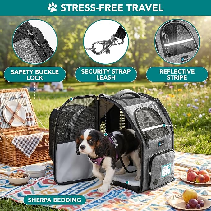 PetAmi Expandable Dog Backpack Carrier for Cats & Pets, Breathable Cat Carrier Backpack with Top Window & Multi-Entry, Ventilated Foldable Travel Carrier for Small Medium Pets up to 18 lbs, Light Gray