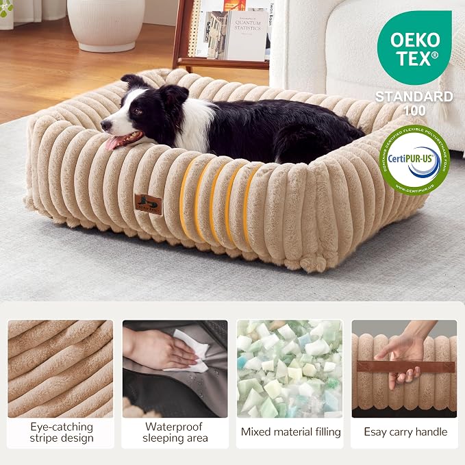 Dog Beds Large Sized Dog,Rectangle Orthopedic Pet Bed for Large Dog, Comfort Fluffy Memory Foam Dog Beds with Anti-Slip Bottom,Camel(35x25x9inchs)