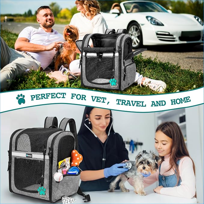 PetAmi Dog Backpack Carrier for Cats, 4-Way Entry Ventilated, 18 lbs, Gray | Sherpa Bed Included, Foldable Load-In Top, Safety Reflective Strap, Breathable Mesh, Poop Bag Dispenser, Padded Back Support
