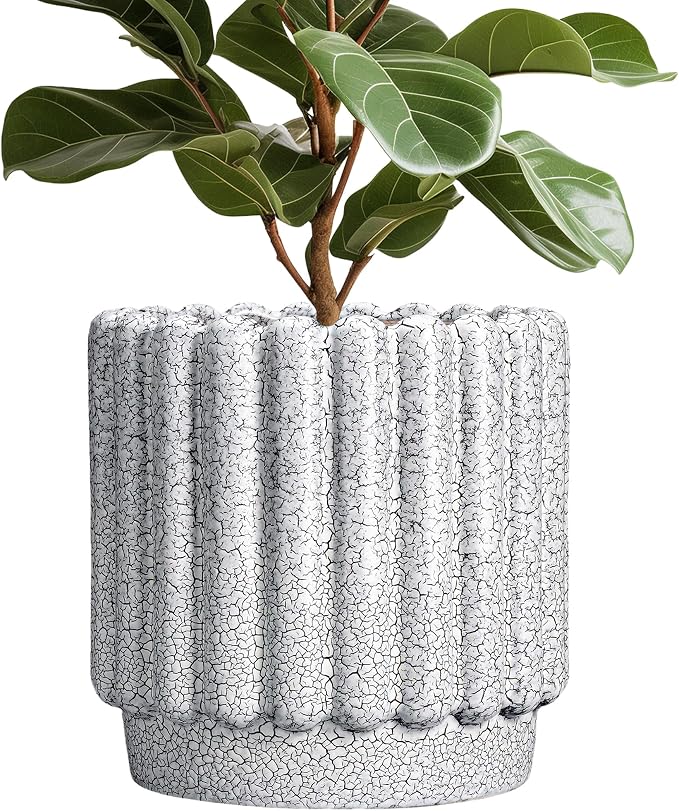 Ceramicfor Ceramic Planter, 12 Inch, Black and White | Indoor Plants, Drainage Hole, Fluted Round Design, Indoor & Outdoor Use
