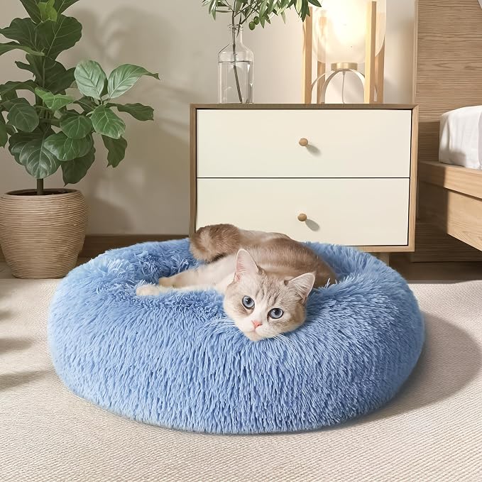 Western Home Calming Donut Cat Bed Small Dog Bed Washable,20" Light Blue | Fluffy Faux Fur Round Cuddler,Anti-Anxiety,Anti-Slip Bottom,Self-Warming Pet Bed for Small Dog&Kitten&Puppy,Up to 12 LBS
