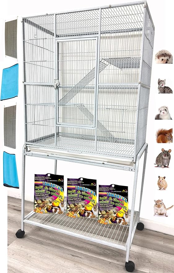 54" Large Wrought Iron Chewproof 4-Levels Tight 1/2-inch Bar Spacing Ferret Chinchilla Sugar Glider Rats Mice Home Cage with Detachable Rolling Stand