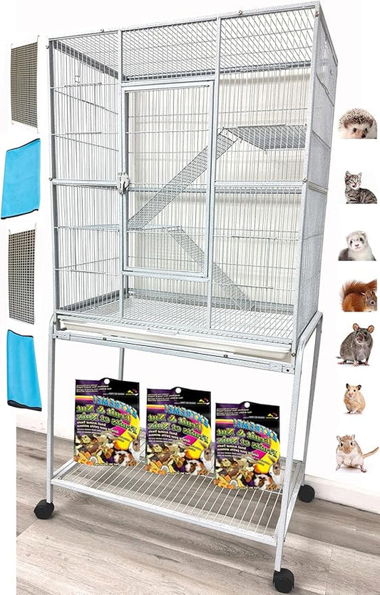 54" Large Wrought Iron Chewproof 4-Levels Tight 1/2-inch Bar Spacing Ferret Chinchilla Sugar Glider Rats Mice Home Cage with Detachable Rolling Stand