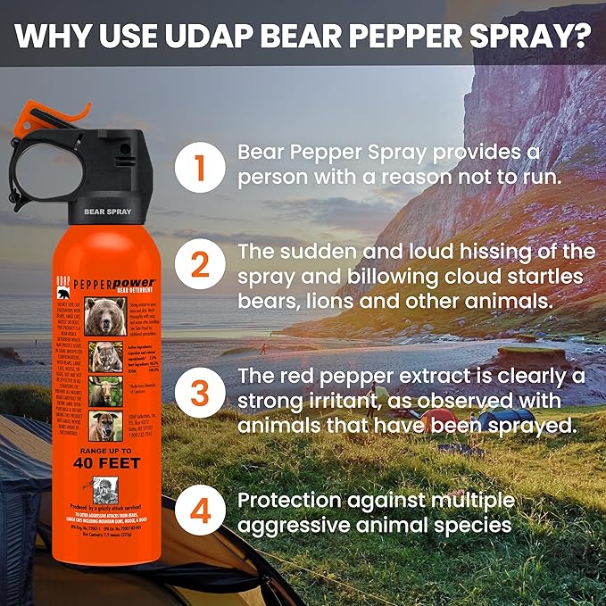 UDAP SOG Pepper Power Bear, Mountain Lion, Dog, Coyote, & Moose Spray Self Defense Deterrent with Griz Guard Holster for Camping, Hiking, Fishing, Powerful Blast, 40 ft Fog Barrier, Safety 7.9 oz