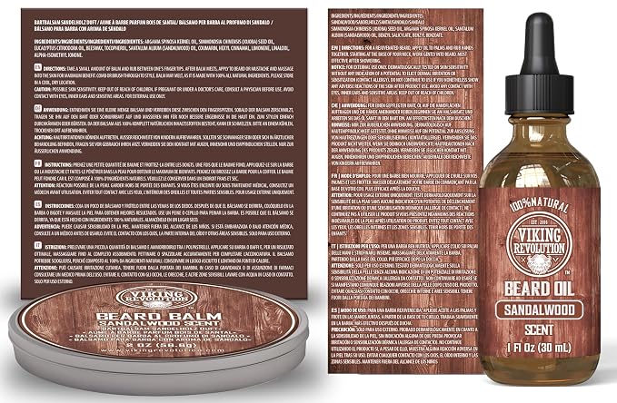 Viking Revolution Ultimate Beard Kit - Sandalwood, 5 Pcs with Metal Box | Complete Multi-Piece Men's Gift Box - Features Boar Brush, Wood Comb, Sandalwood Balm & Oil, Scissors for Beard & Mustache