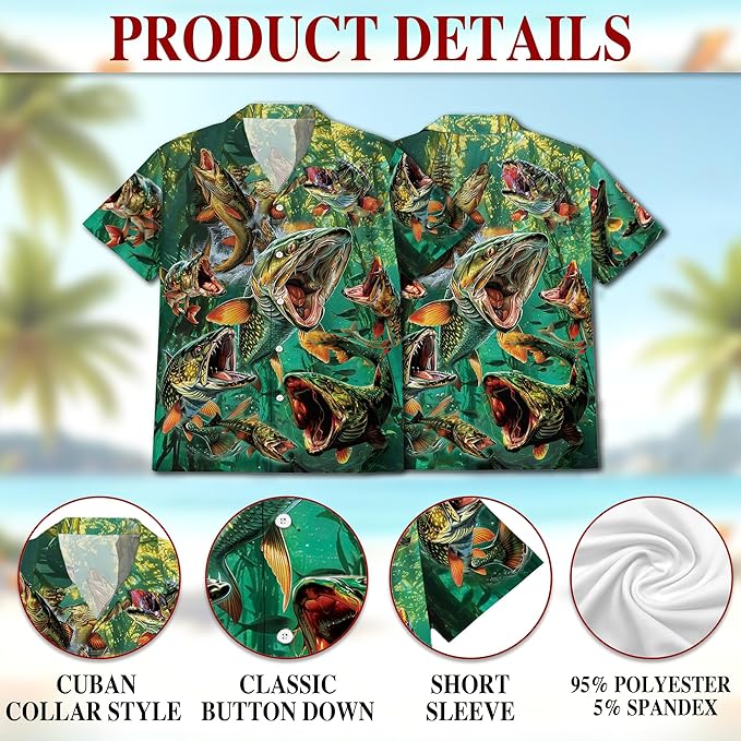 Fishing Crappie Hawaiian Shirt for Men, Button Down Summer Beach Short Sleeve, Fishing Lover Gifts, Sizes S-5XL