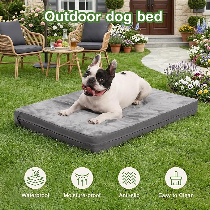 Waterproof Dog Bed Medium Size Dog, Washable Crate Pad 30" Orthopedic Gray | Outdoor Pet Bed Foam, Reversible Faux Leather & Flannel, Removable Cover,Anti-Slip Kennel Pad 29"x18"
