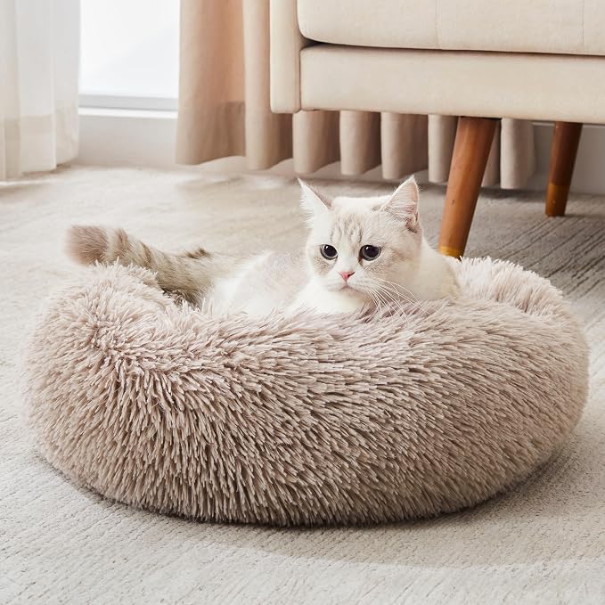 Western Home Calming Donut Cat Bed Small Dog Bed Washable,20" Brown | Fluffy Faux Fur Round Cuddler,Anti-Anxiety,Anti-Slip Bottom,Self-Warming Pet Bed for Small Dog&Kitten&Puppy,Up to 12 LBS