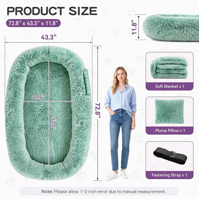 Human Dog Bed, Oversized Plush Lounger Bed with Plump Pillow and Blanket | 71" x 45" x 12" Long Plush Polyester Floor Nest for Relaxing, Napping, Reading, and Family Cuddle Time - Gradient Green