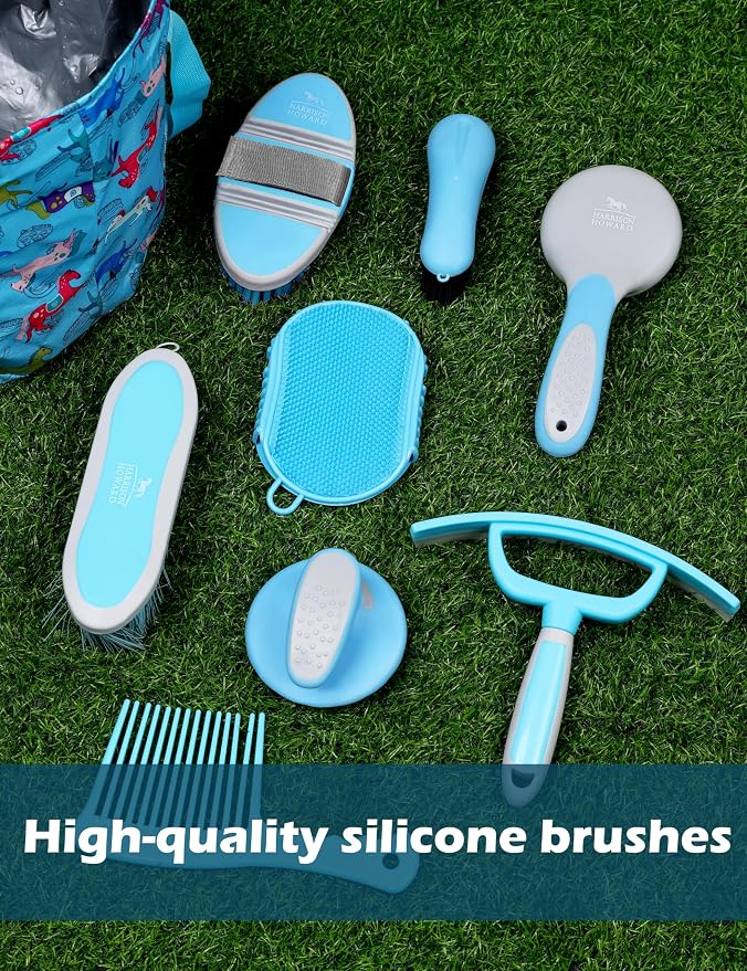 Harrison Howard Complete Horse Grooming Set, 11-Piece Advanced Daily Grooming Tools with Extra Brushes for Full Horse Care Blue Brushstroke Ponies