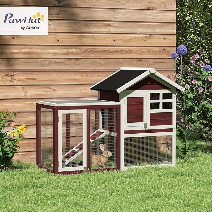 PawHut 49" Wooden Rabbit Hutch Bunny Cage with Waterproof Asphalt Roof, Fun Outdoor Run, Removable Tray and Ramp, for Rabbits, Chickens, Ducks, Brown
