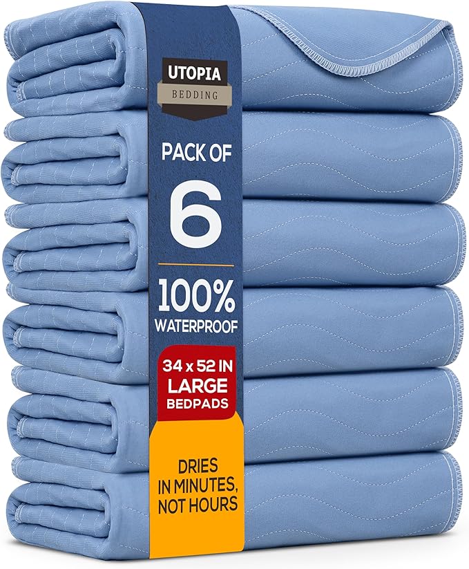 Utopia Bedding Washable Underpads 34" x 52" (Pack of 6), Waterproof Reusable Heavy Absorbency Incontinence Bed Pads for Adults, Kids, Elderly and Pets, Bedwetting Pads for Sofa and Couch (Blue)