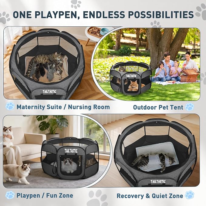 Portable Pet Playpen for Small Dogs & Cats, Foldable Puppy Safety Pen with Removable Zipper Top, Breathable Mesh Dog Delivery Room, Indoor Isolation Cage for Kittens/Rabbits (Dark Grey, Small)