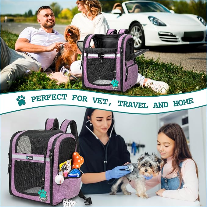 PetAmi Dog Backpack Carrier, 4-Way Entry Ventilated, 18 lbs, Purple | Sherpa Bed Included, Foldable Load-In Top, Safety Reflective Strap, Breathable Mesh, Poop Bag Dispenser, Padded Back Support