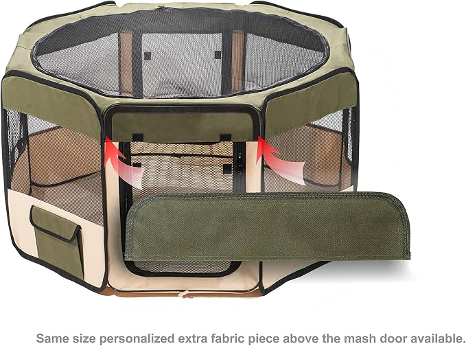 Pawer 36”×18.5” 8-Panel Foldable Pet Playpen, for Small Medium Cat/Dog/Puppy, Olive+Beige, 600D Oxford Cloth Portable Indoor & Outdoor Kennel with Carry Bag, Multiple Sizes & Colors Available