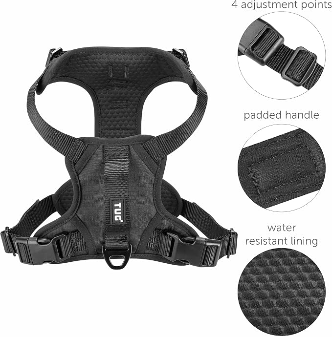 TUG No-Pull Dog Harness, 2 Leash Clips + Padded Handle (Small, Black) | Water-Resistant Padded Interior | No-Pull Front Clip | Padded Back Handle | Adjustable Straps