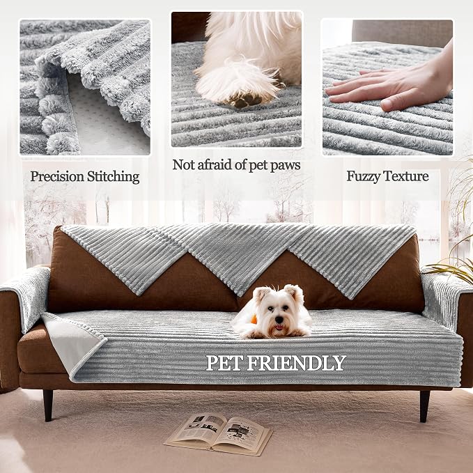 Waterproof Dual Non-Slip Couch Cover for Dogs, Fuzzy Soft Pet Couch Covers for 2 Cushion Sofa loveseat, Pet Friendly Soft Dog Bed Covers Sofa Cover Washable (Seagull Gray, 33" x 62" 1 Pack)