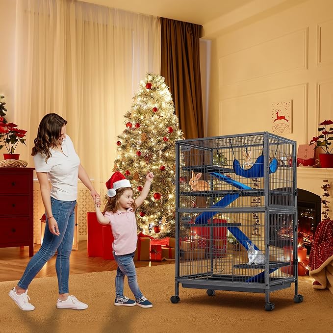 HABUTWAY 50''H Metal Small Animal Cages, Rolling Chinchilla Cage with Removable Ramps, Lagre Cage for Chinchillas/Guinea Pigs/Rabbit, Ferret Cages with Hammock & 5 Tiers, Black