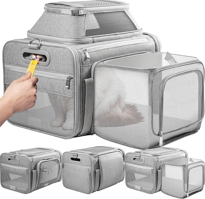 Top-Side Expandable Pet Carrier, Treat Window,18x11x11 Airline Approved | for Delta American United,Soft-Sided Cat Carrier, Anti-Scratch Mesh,Lockable Zippers,Dog Carrier for Kitten,Rabbit,Puppy,Grey