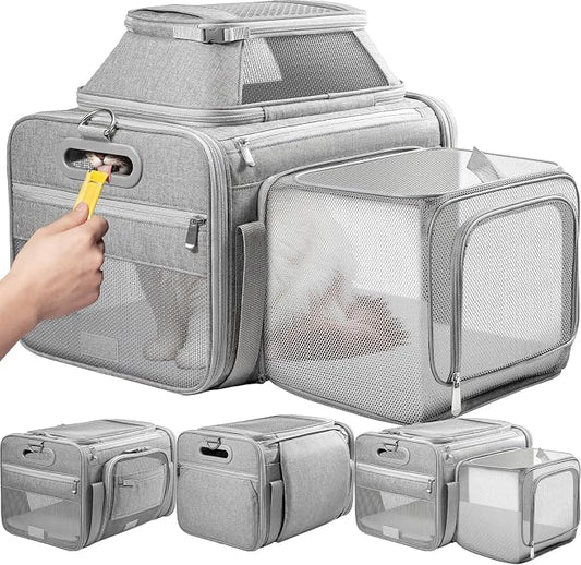 Top-Side Expandable Pet Carrier, Treat Window,18x11x11 Airline Approved | for Delta American United,Soft-Sided Cat Carrier, Anti-Scratch Mesh,Lockable Zippers,Dog Carrier for Kitten,Rabbit,Puppy,Grey