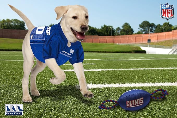 New York Giants PET GIFT BOX with 2 Licensed DOG TOYS, 1 Logo-engraved NATURAL DOG TREAT, 1 NFL JERSEY, 1 Puppy Training Bells & 1 Car Seatbelt