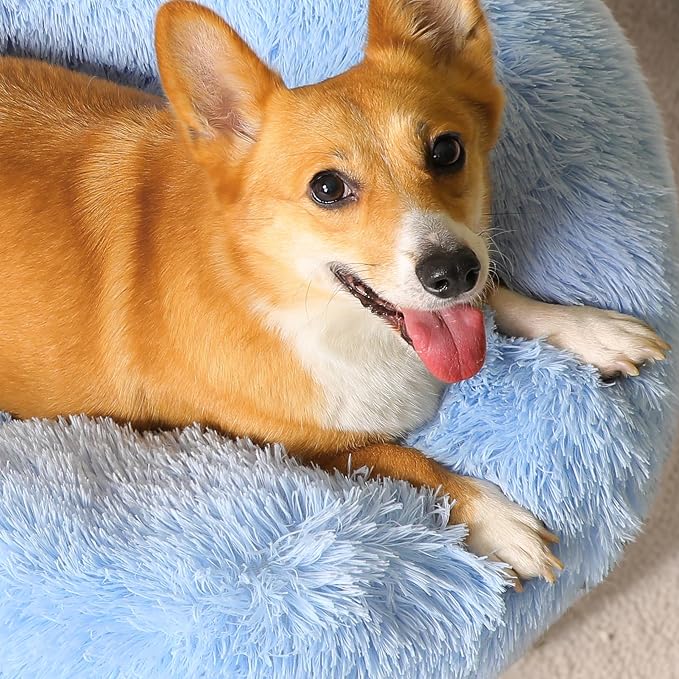 Western Home Calming Donut Small Medium Pet Dog Bed Washable,27" Light Blue | Fluffy Faux Fur Round Cuddler,Anti-Anxiety,Anti-Slip Bottom,Plush Pet Dog Beds for Small Medium Sized Dogs,Up to 35 LBS