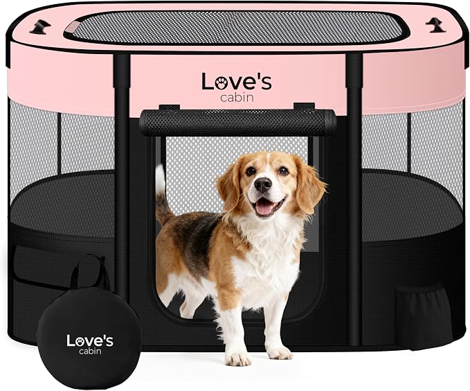 Love's cabin Pet Puppy Dog Playpen, Large Dog Tent Crates Cage Indoor/Outdoor, Portable Exercise Playpen for Cat, Foldable Pop Up Dog Kennel Playpen with Carring Case (L, Pink)