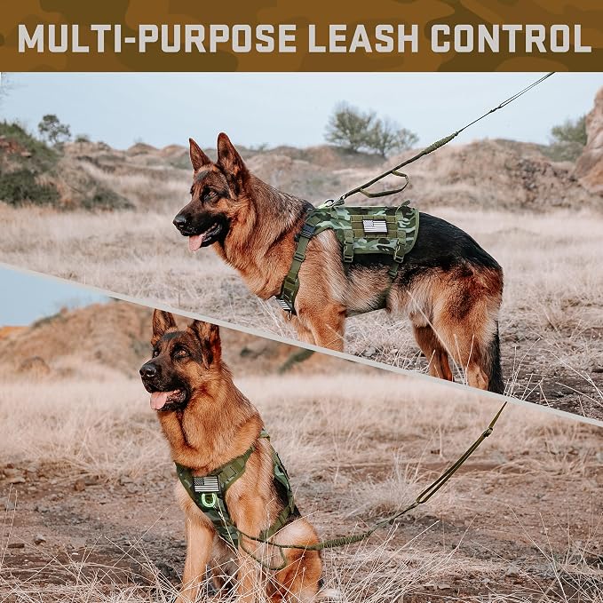 Forestpaw Tactical Dog Harness Tactical Dog Collar with Bungee Leash Set,No Pull Military Dog Harness for Walking Training,Adjustable for Medium Large Dogs,Camouflage Green,Chest 27-40"