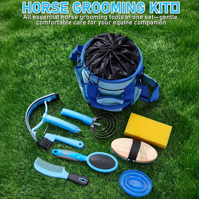Cunhill 9 Pcs Horse Grooming Kit Tack Room Supplies Set with Tote Bag, Oval Massage Curry, Hard and Soft Brush, Hoof Pick, Sweat Scraper, Bathing Sponge, Comb for Horse Rider(Classic,Light Blue)