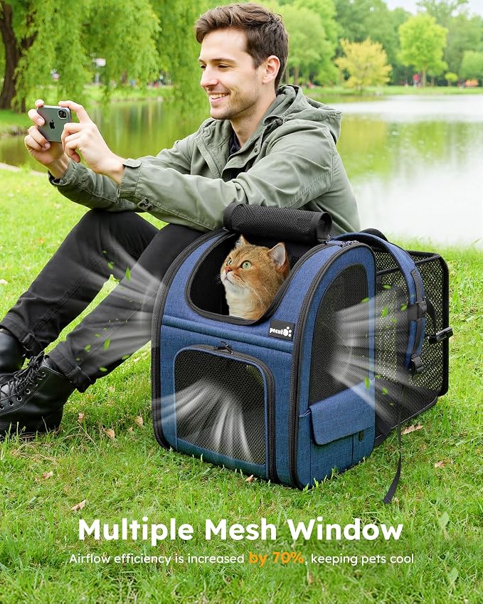 pecute Cat Carrier Backpack Expandable, Cat Backpack with Breathable Window | Durable Oxford Cloth, Lockable Zipper,Use for Pet Under 11 lbs to Travel