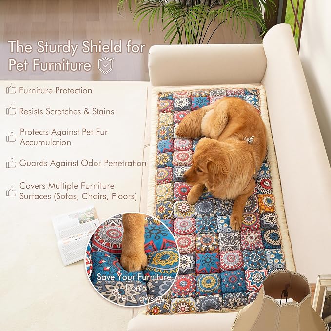 Couch Cover for Sofa, Sectional Couch Cover for Dogs, Sofa Cover Washable, Cushion Cover Blanket Pad Bed Mat for Pets, Boho Furniture Protector, Blue, 27.6x82.7in